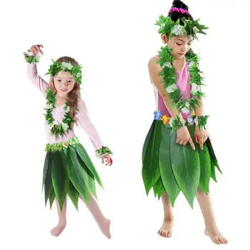 

Hawaii Hula Green Leaf Wreath Necklace Bracelet Leaf Skirt BBQ Party Clothing Decoration Five-Piece Hawaiian Hula Luau Party