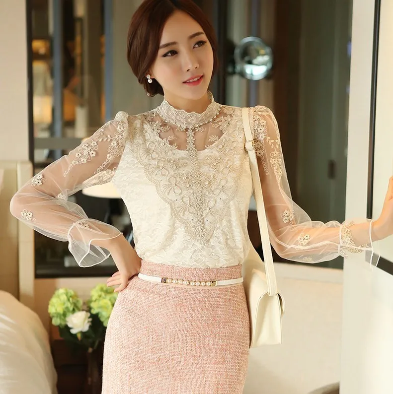 

Women Ol Fashion Elegant Shirt Top Female Long Sleeved Mesh Women Blouses Ruffled Slim Lace Shirt