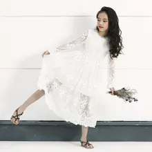 Кружевное платье с цветочным рисунком для девочек-подростков; весенне-осенние Вечерние платья из хлопка с длинными рукавами; белое длинное платье принцессы для девочек; одежда для детей