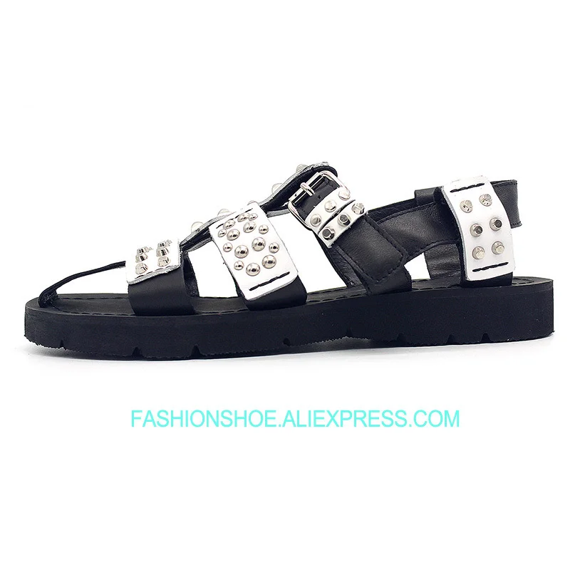

2019 Punk Style White Black Cut out Rivets Rome Gladiators Summer Hot Sandals
