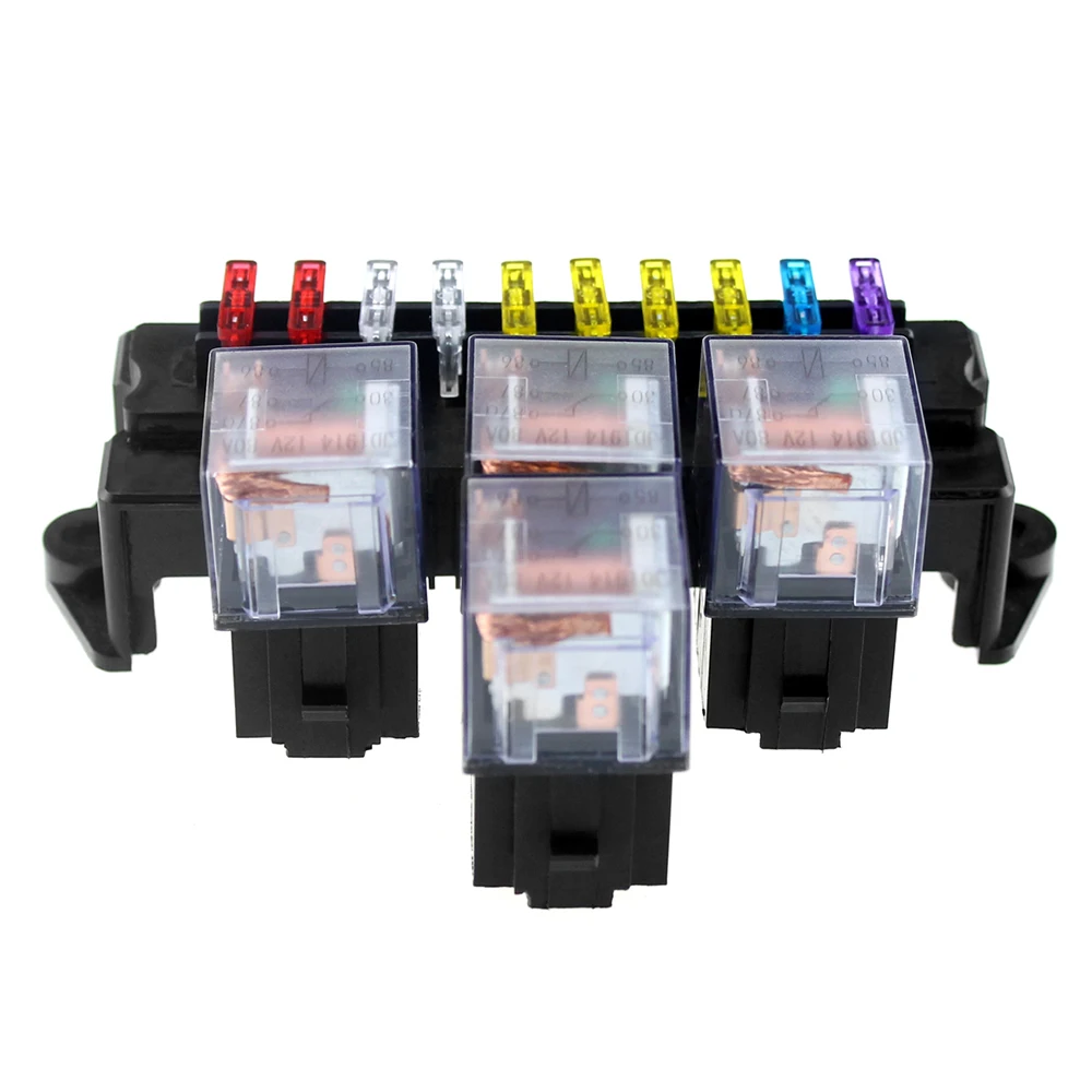 10 Way Fuse Box 5 Pin Socket Base Relay Fuse Holder Block with 13Pcs