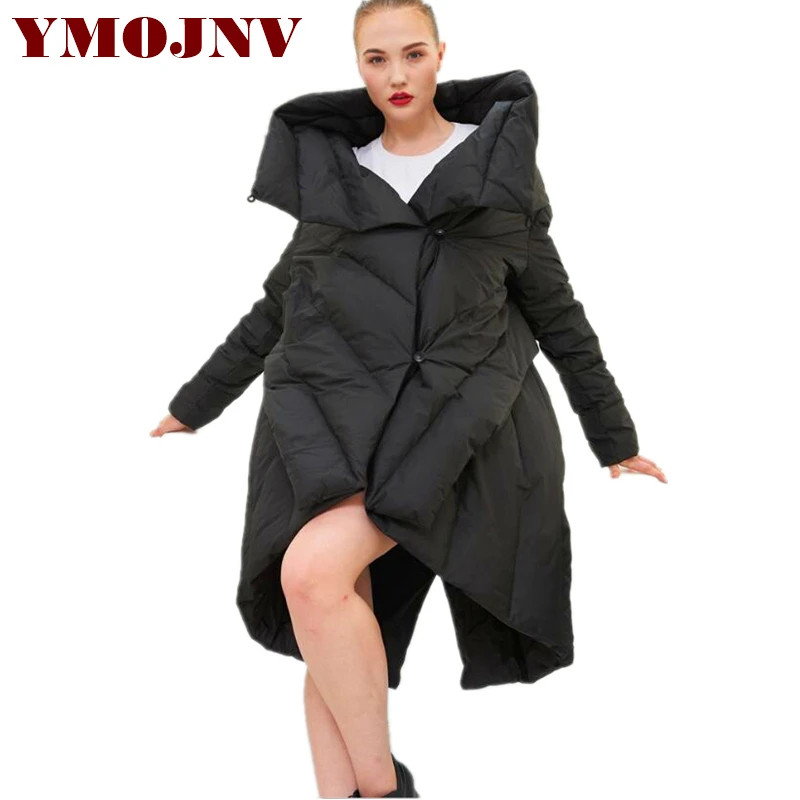 

YMOJNV Original Design 2019 Fashion New Women Cloak Winter Down Parka Coat Asymmetric Long Large Size Warm Womens Down Jackets