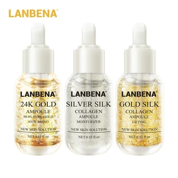 

LANBENA 24K Gold+Silver Silk+Gold Silk Collagen Ampoule Serum Anti-Wrinkle Lighten Spots Nourishing Repairing Revitalizing 3PCS