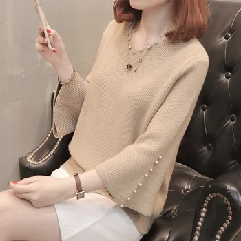 

2020 Autumn Pattern Easy Solid Color Sleeve Head Sweater Woman Horn Sleeve Nail Pearl Long Sleeve Rendering Sweater Tide