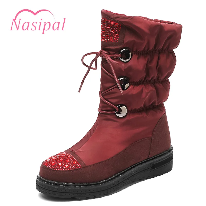 

Nasipal Round Toe Short Women Boots Flat Heel Black Women Shoes Down Fur Suede Winter Boot Woman Warm Waterproof Snow Boots V222