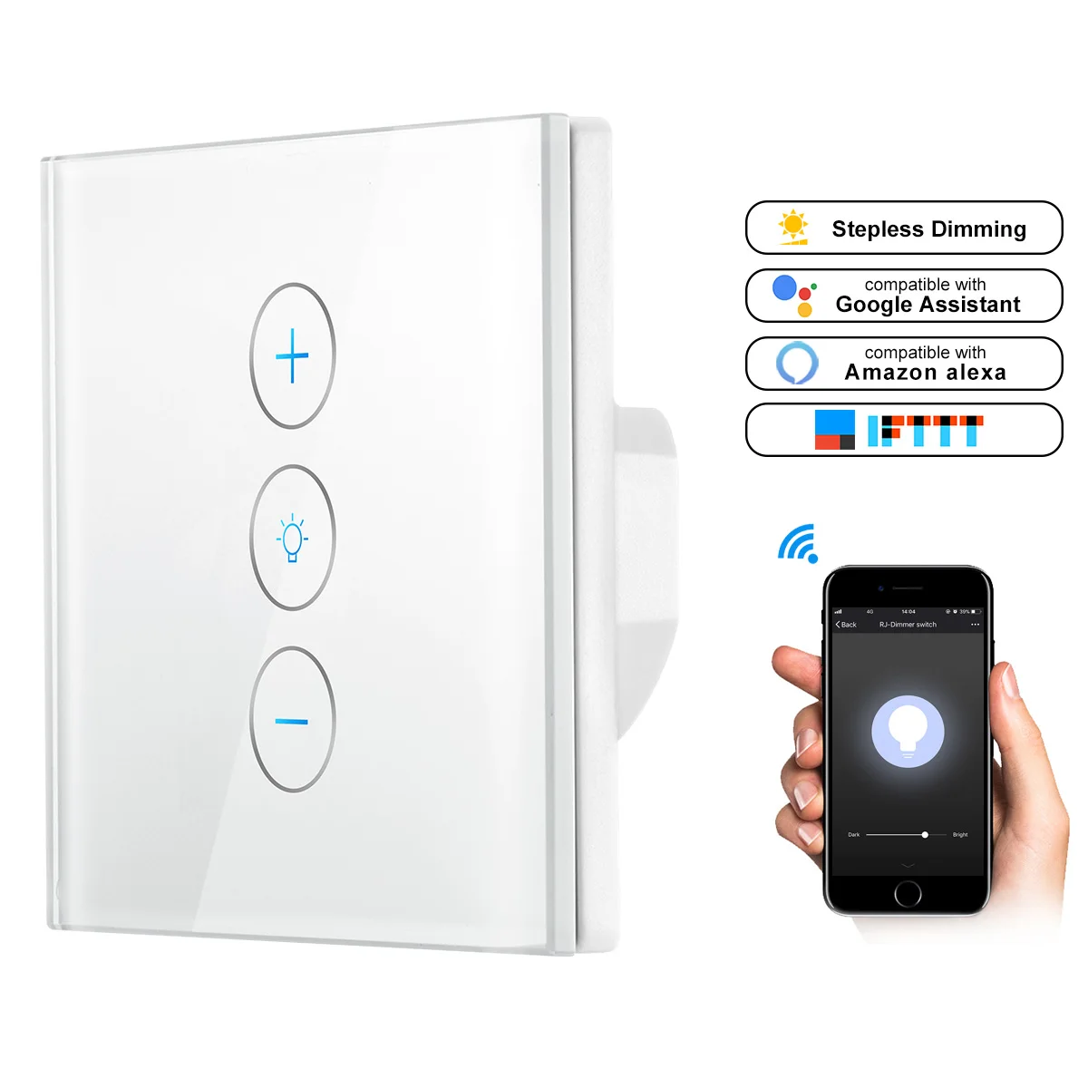

Smart Switch WiFi Touch Control Wall Switch Light Stepless Dimmer Work With Phone APP Amazon Alexa /Google Home/IFTTT