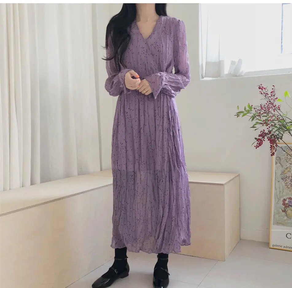 

New Spring A-Line purple Print dot Long shirt Dress Women Sexy v neck Dresses Female Casual OL Mid-Calf Robe dot Femme Vestidos
