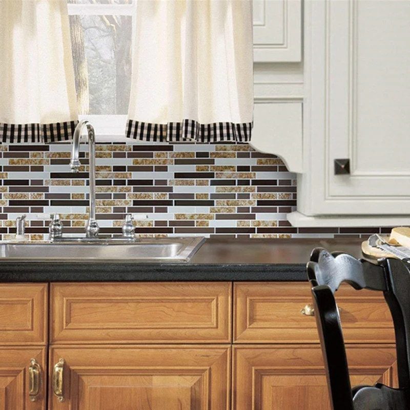 Self Adhesive Mosaic Tile Mixed Brown Marble Oblong 3D Wall Sticker Backsplash Vinyl Bathroom