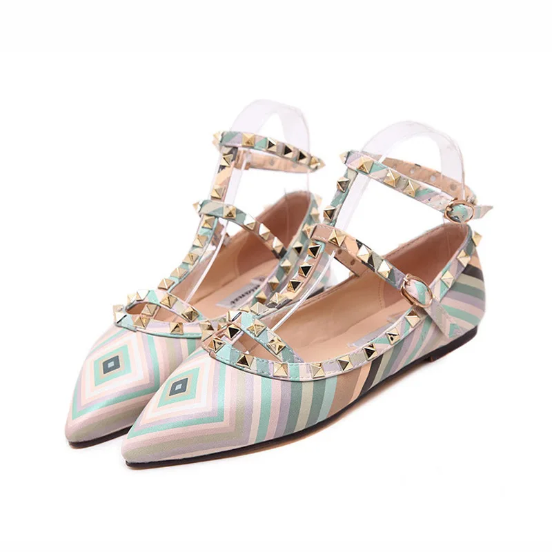 

34-43 large size Europe and the United States foreign trade striped color buckle rivet pointed flat with ladies sandals