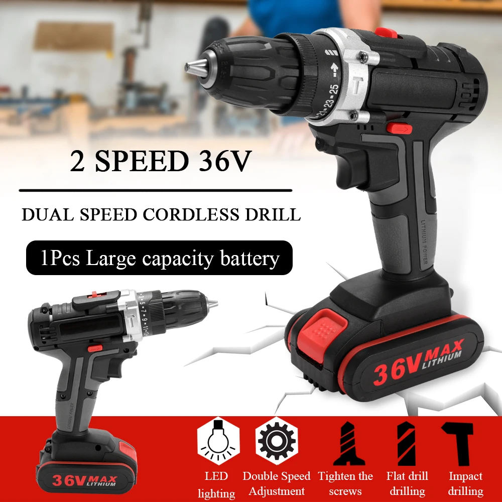 

36V Max Electric Screwdriver Cordless Drill 1300mAh Lithium Battery Wireless Rechargeable Hand Drills DIY Electric Power Tools