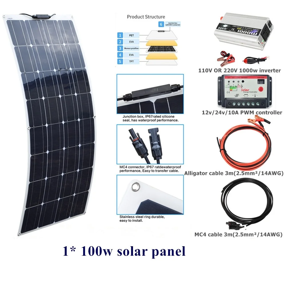 

100w Flexible Solar Panel Solar Module System Kit 10A controller Regulator 110V OR 220V 1000w DC12V inverter For Outdoor Home