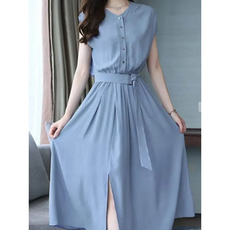 

Women Short Sleeve Plain Korean Style Split Maxi Dress Boho A Line Summer Mid Calf High Waist Long Elegant Office Daily Dress