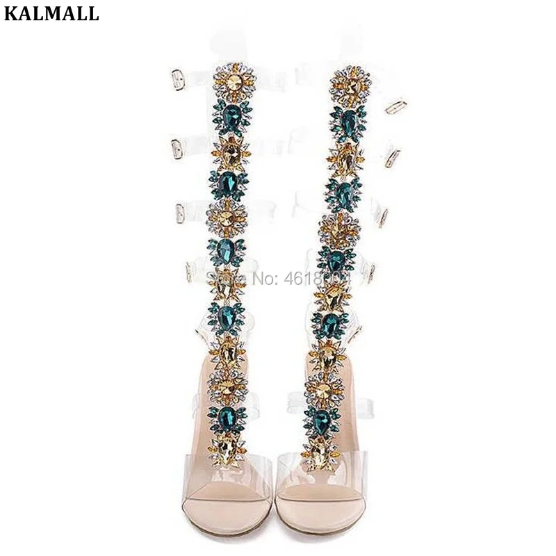 Kalmall Diamanten Kristall Botas Luxus 43 Heels Plus Sandalen High Gladiator Strappy Lange Hohe Ausschnitte Frauen Stiefel Pvc SSBqA