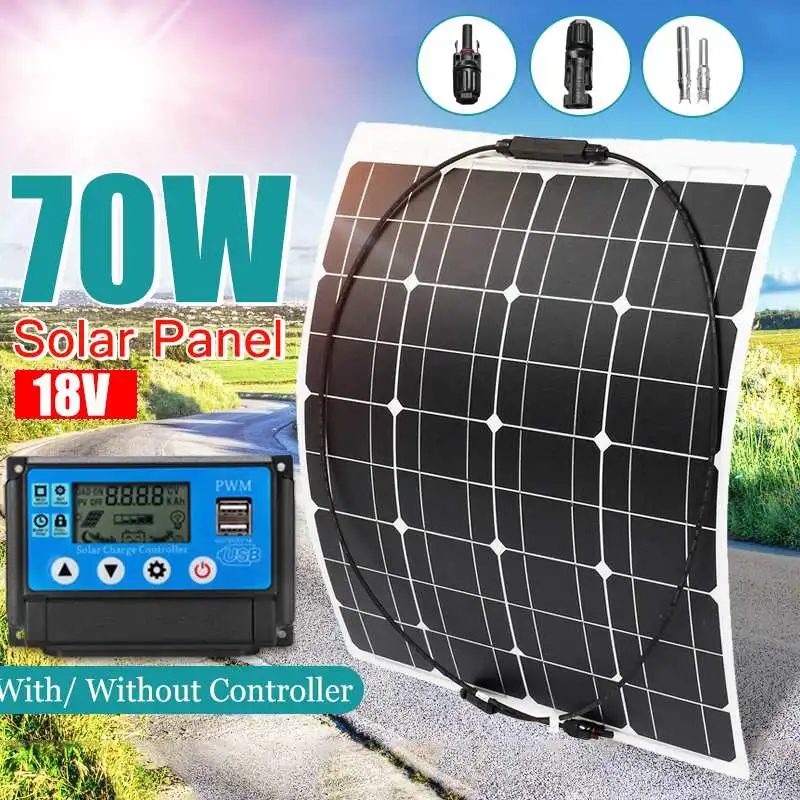 

70W 18V Semi-Flexible Solar Panel + 10/20/30/40/50A PWM Regulator Controller 70W Flexible Panel Solar Car/Boat Battery Charger