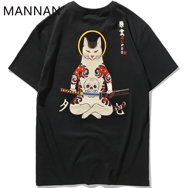 

MANNAN 2018 Streetwear Japan Style Ukiyo E Funny Samurai Cat TShirts Mens Short Sleeve T-shirts Hip Hop Embroidery Tees