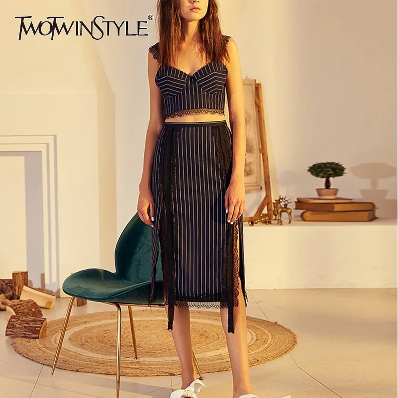 

TWOTWINSTYLE Lace Striped Sexy Women Suits Off Shoulder Sleeveless Crop Tops High Waist Split Midi Skirt Female Two Piece Sets