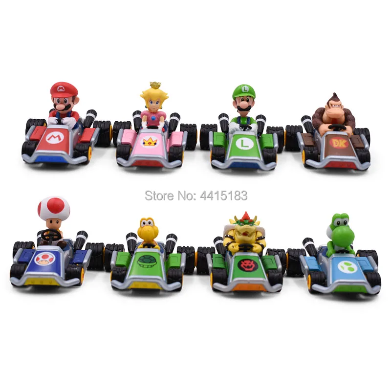 8 set/lot Anime Super Mario Bros Figures Car Hot Toys Toad Luigi Yoshi Dinosaurs Donkey Kong PVC Action Dolls Collectible Model