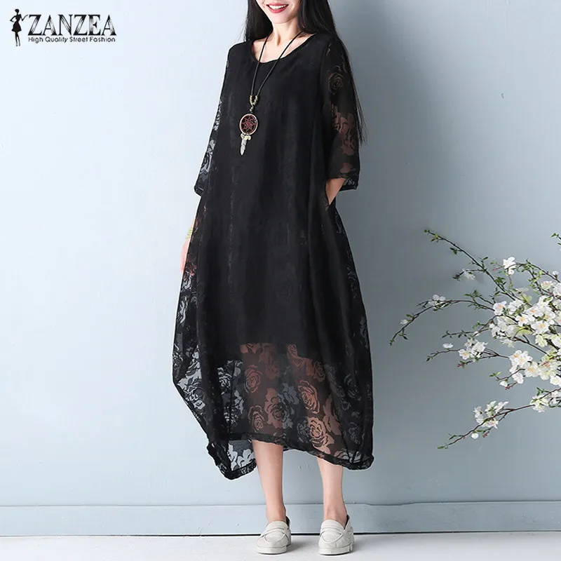 ZANZEA размера плюс женское платье до середины икры женские летние платья женские 3/4 рукав женский сарафан вечерние платья