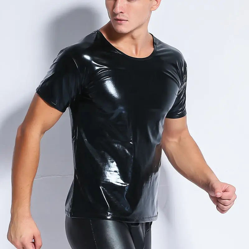 Mens Wet Look T-shirt Sexy Slim Tight Tops Faux PU Leather T Shirt Male Club Tee Short Sleeve Muscle Tee Tops Mens Undershirts Mens Wet Look T-shirt Sexy Slim Tight Tops Faux PU Leather T Shirt Male Club Tee Short Sleeve Muscle Tee Tops Mens Undershirts
