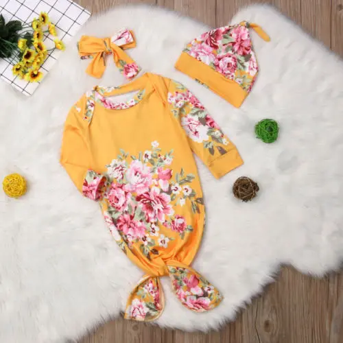 Комплект из 3 предметов для маленьких ног, муслиновая одежда с цветочным принтом, пеленальный топ с длинными рукавами для новорожденных, комплект для пеленания, повязка на голову