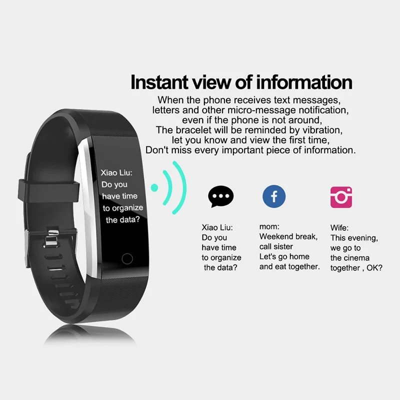 115Plus Blood Pressure Fitness Bluetooth Waterproof Heart Rate Monitor Watch Tracker Smart Bracelet Wristband