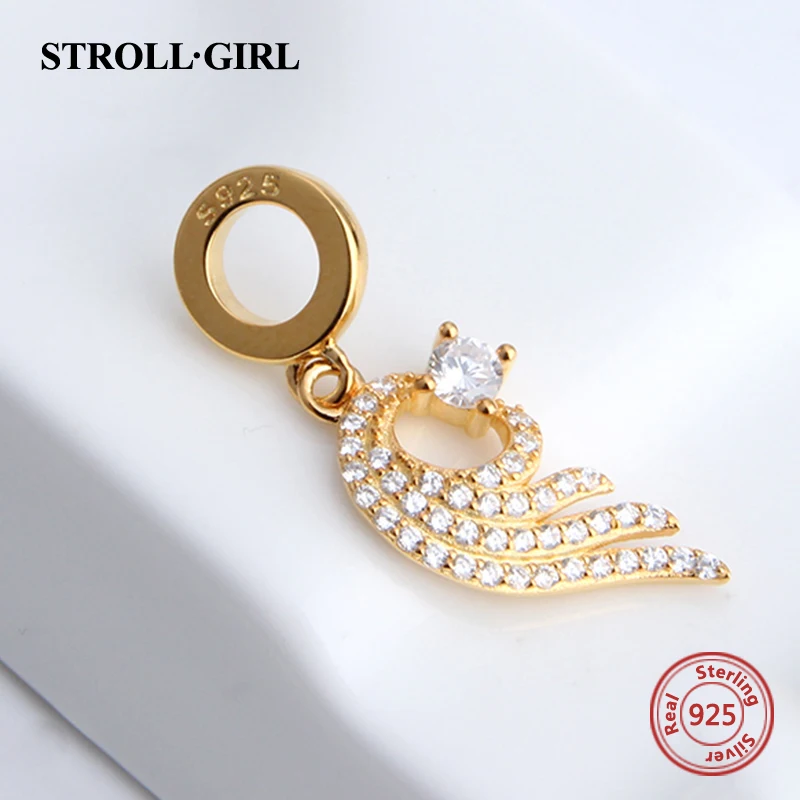 

2018 925 Sterling Silver Charms gold color wing Beads dangle with CZ Fit original European bracelets European diy Jewelry gift