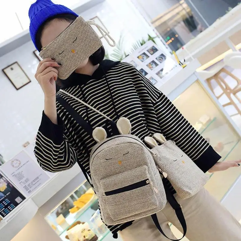 

3Pcs/Set Women Linen Cute Rabbit Backpack Students Schoolbag for Teen Ladies Casual Travel Composite Pouch Bag Rucksack Feminina