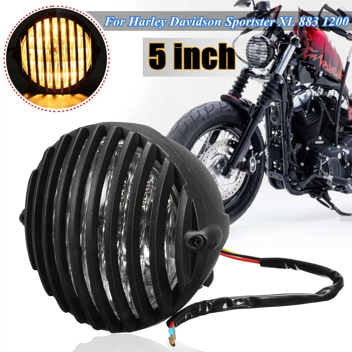 5 inch 12V Black Motorcycle Metal Headlight & Grill Cover For Harley