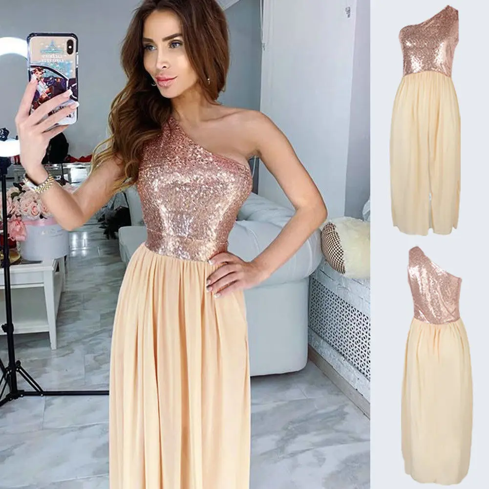 Women Fashion Party Dress One Shoulder Sequined High Split Dress