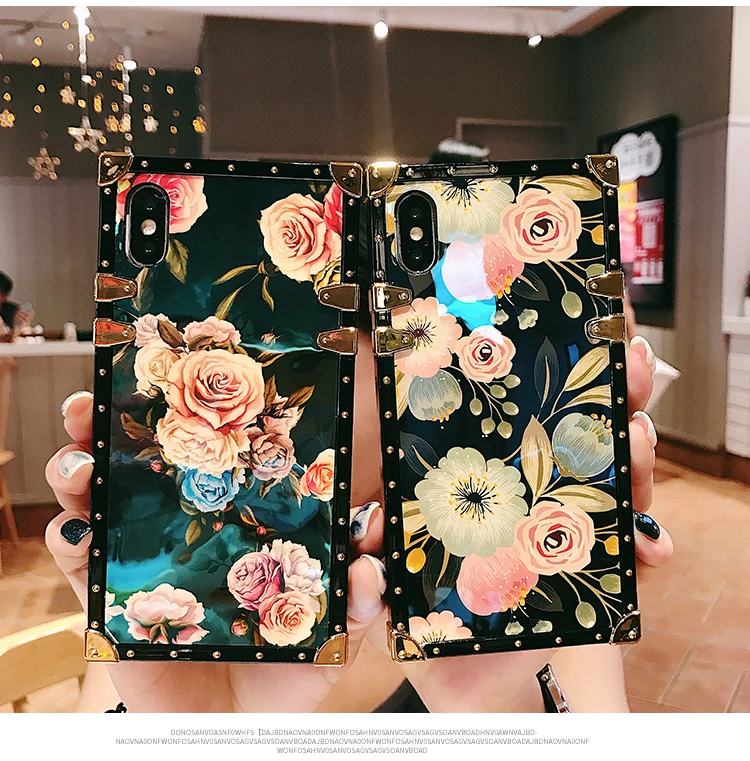 

Luxury Fashion Metal Rivet Rose Flower Blue Ray Square Box Capa Case For Samsung Galaxy S8 s9 S10 Plus S10e Note 10 Plus 9 8