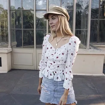 

Women Summer Spring High Street Slim Blouse Ruffle Chiffon Print Cropped Shirt Floral Shirt