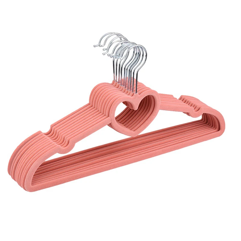 10PCS Non-Slip Ultra-Thin 360 Degree Swivel Flocked Adult Clothes Hangers with Heart Tie Bar Notched Shoulders for Garment
