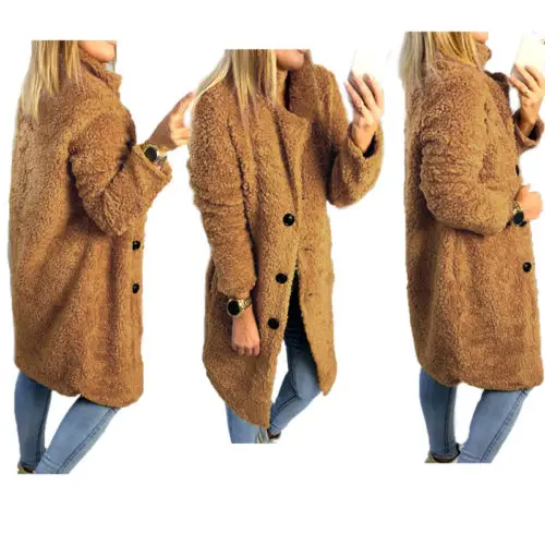 Зимняя Женская Толстая теплая куртка из искусственного меха с карманом плюшевого мишки, флисовая куртка, длинное пальто, повседневная меховая верхняя одежда, модное пальто
