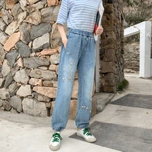 Настоящие расшитые блестками джинсы женские свободные европейские с эластичной резинкой на талии повседневные штаны-шаровары большого размера 616