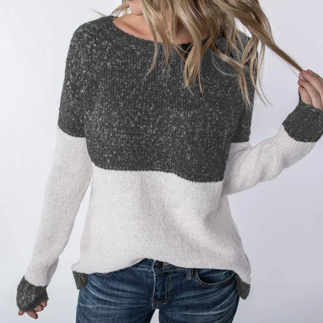 

New Autumn Winter Long Sleeve Sweater Women Patchwork Tops Womens O-neck Loose Pollovers Knitting Femme Plus Size