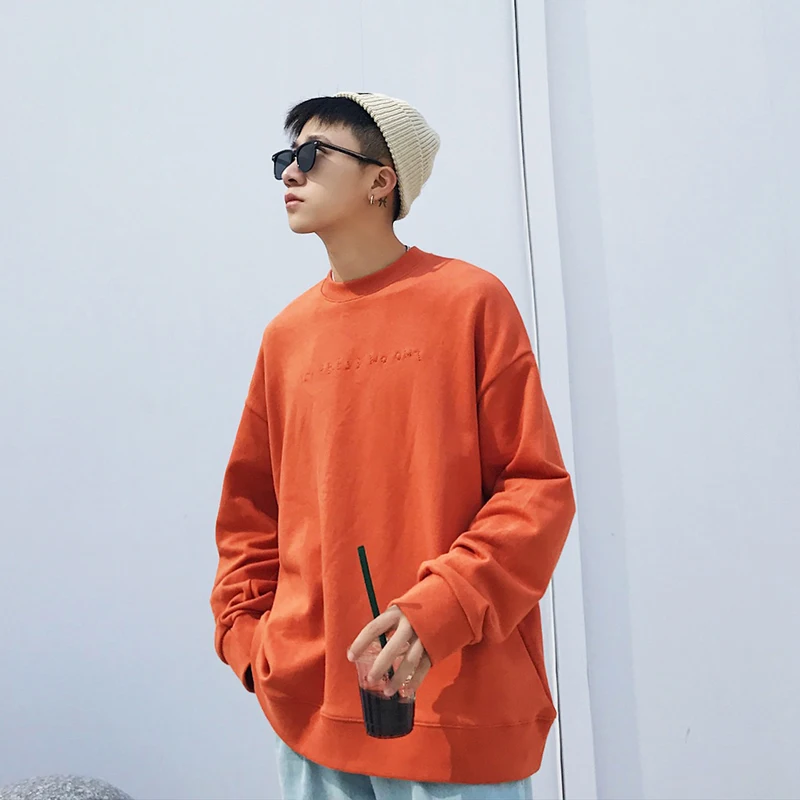 2019 весна и осень Новый для мужчин Толстовка Небольшой Вышитые печати Multi цвет сплошной пуловер серый/черный/оранжевый M-XL