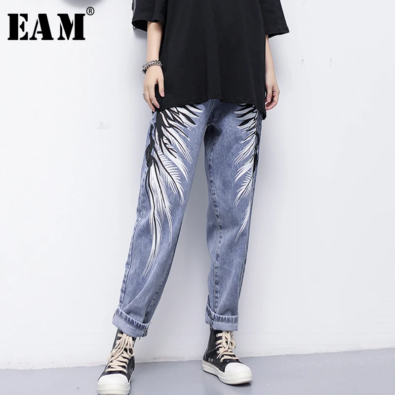 

[EAM] 2019 New Spring Summer High Waist Loose Blue Denim Holes Pattern Printed Wide Leg Jeans Women Trousers Fashion Tide JS056