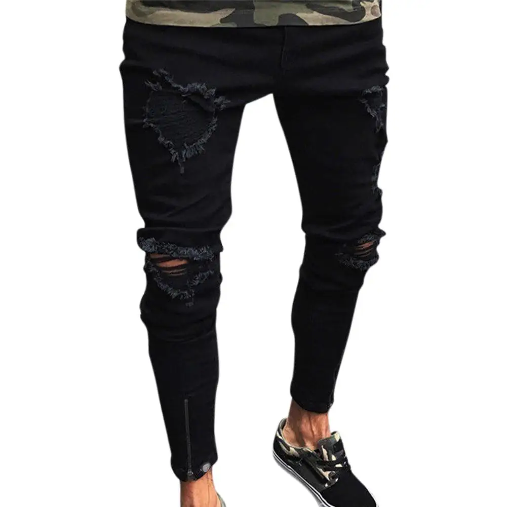 Fashion Men Ripped Skinny Jeans Stretch Destroyed Frayed Slim Fit Denim Pant with Zipper Pencil Pants Trousers Men Clothes