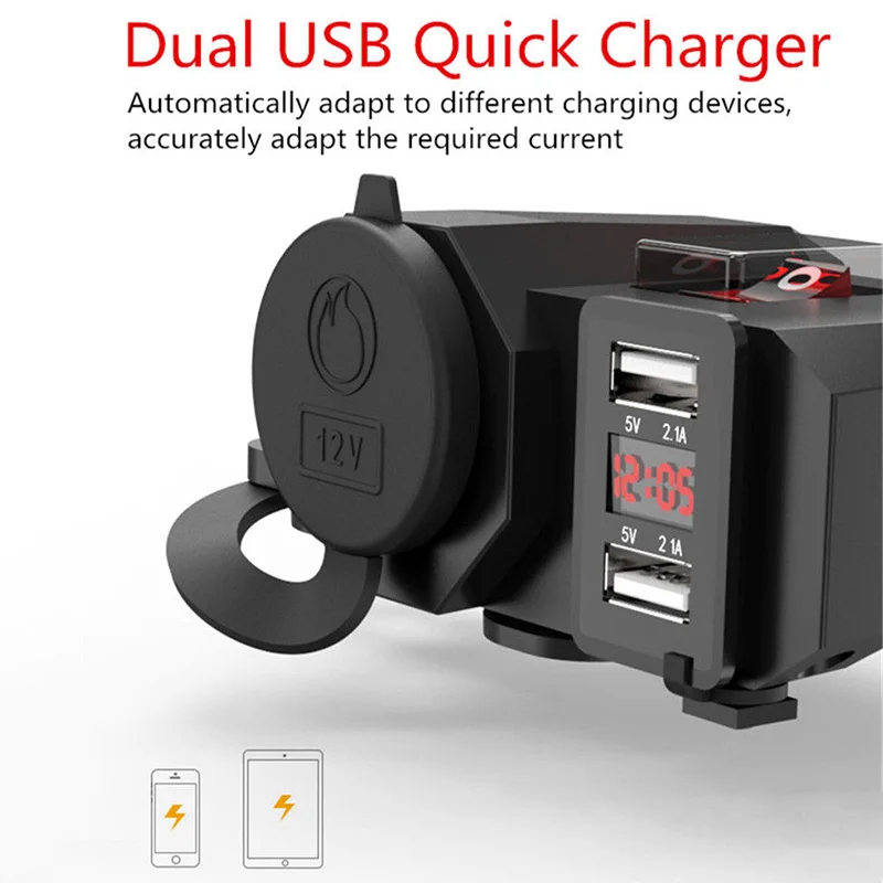 1x 12V~ 24V черные мотоциклетные прикуривателя светодиодный вольтметр Dual USB Зарядное устройство гнездо для автомобильного прикуривателя розетки+ коммутатор
