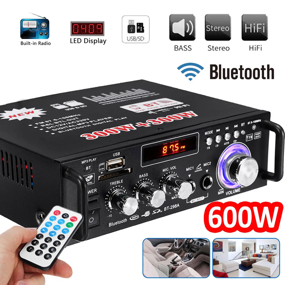 

600W Home Car Amplifier 110V HIFI USB FM Radio Audio bluetooth Amplifiers Player Subwoofer Stereo Speaker With Remote Control