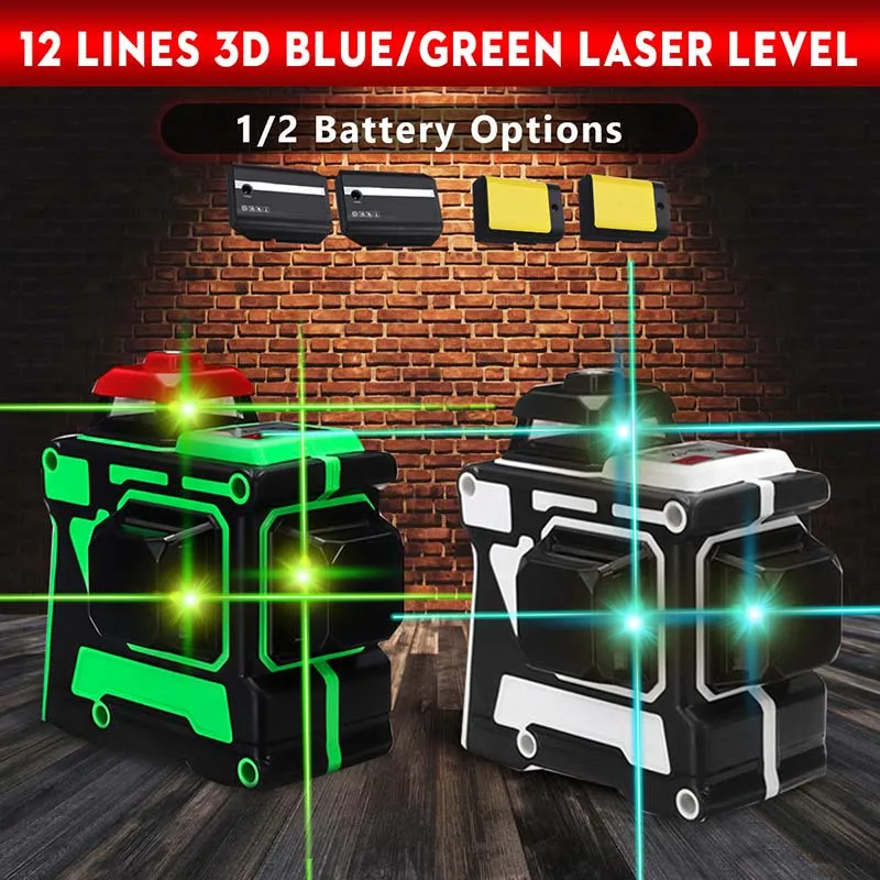 

3D 360 Degree Green/Blue Laser Level 12 Line Rotation Auto Leveling Horizontal Vertical Laser Beam 638nm/808nm with 1/2 Battery