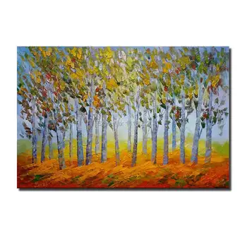 

100% Hand-painted Landscape Oil Painting in Canvas Modern Palette Yellow Birch Tree Knife Art Abstract Home Living Room Bedroom