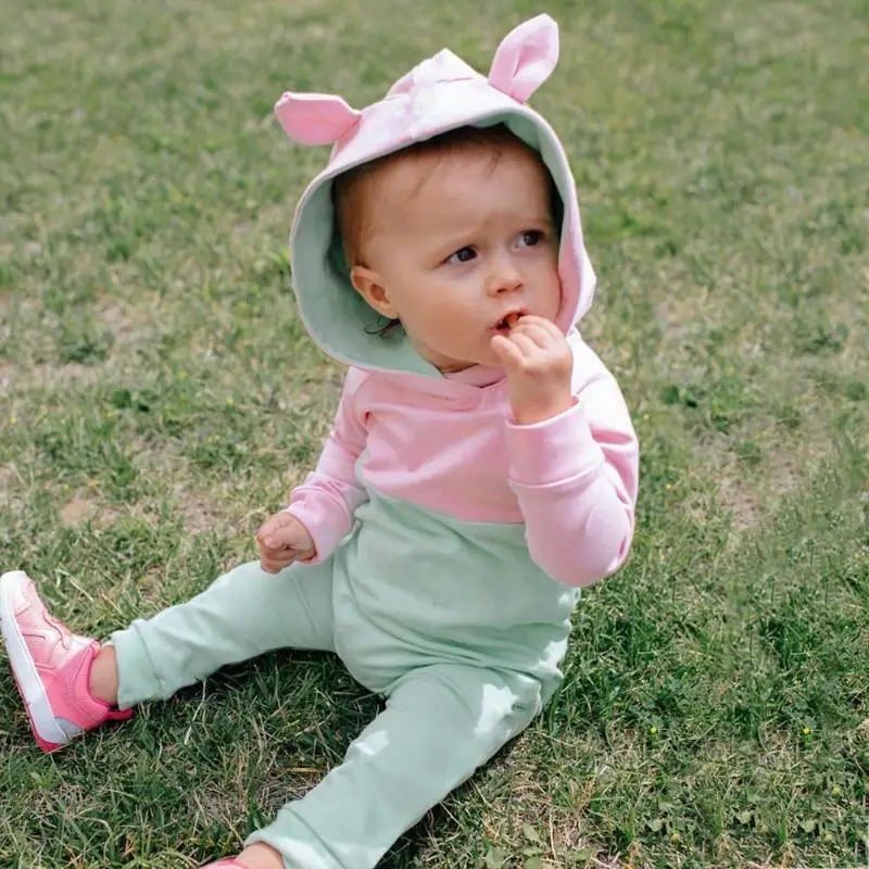 

Newborn Baby Romper Costumes Long Sleeve Hooded Jumpsuit Infant Clothes Splicing Color Slim Fit Long Sleeve