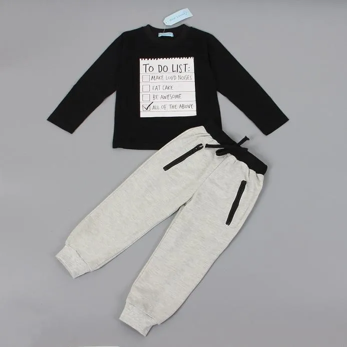 

1set Kids Toddler Boys Handsome Black Blouse + Gray Casual Pants Infant Clothing Baby Enxoval Casual Cotton Cartoon Suits