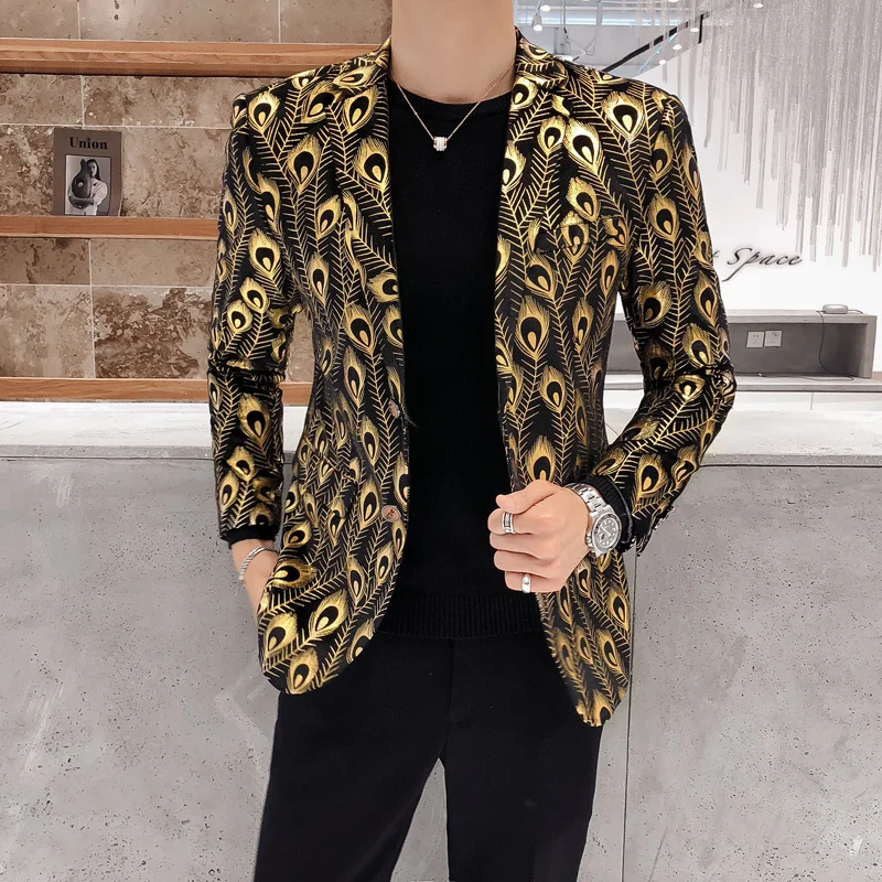 Британский стиль блейзеры бархатные Chaqueta Elegante Hombre с золотым принтом Slim Fit Блейзер