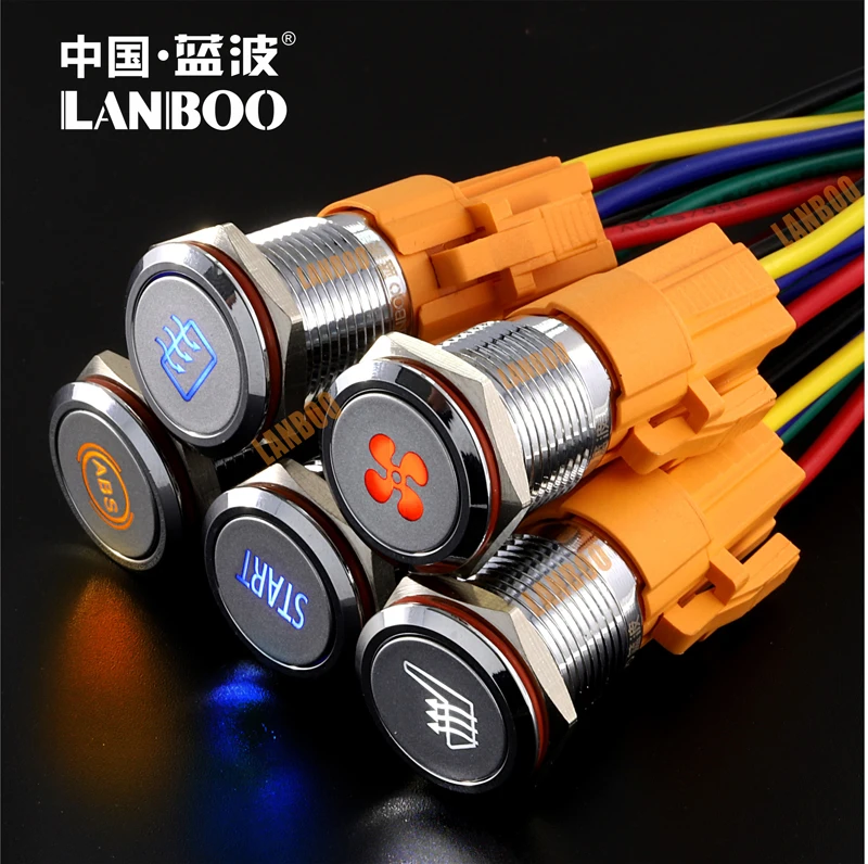

LANBOO Custom icon waterproof 3V 24V 110V 220V Metal Button Switch With Light