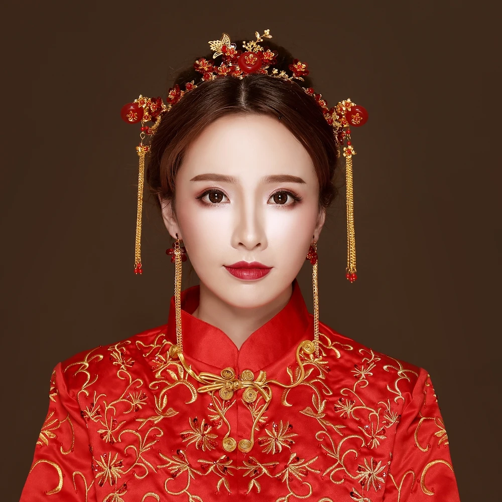 

Red Rhinestone Crystal Headdress Hair Jewelry Set Vintage Chinese Wedding Bridal Hair Sticks Handmade Women Costume Step Shakes
