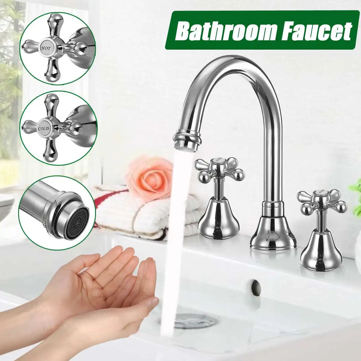 

Chrome Double Handle Dual Holes Bathroom Faucet Modern Vessel Sink Mixer Tap Hot and Cold Decked Mounted 3pcs Separating