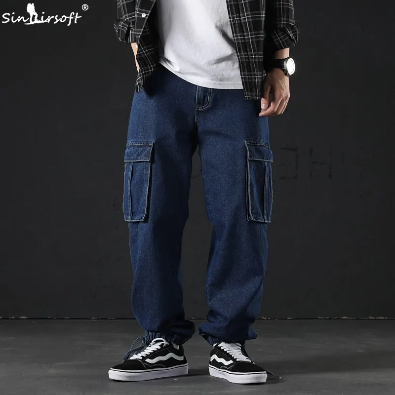 

High Waist Solid Blue Wide Leg Pants Men Taper Foot Openning Male Loose Full Length Streetwear Toursers Side Big Pocket Fashion