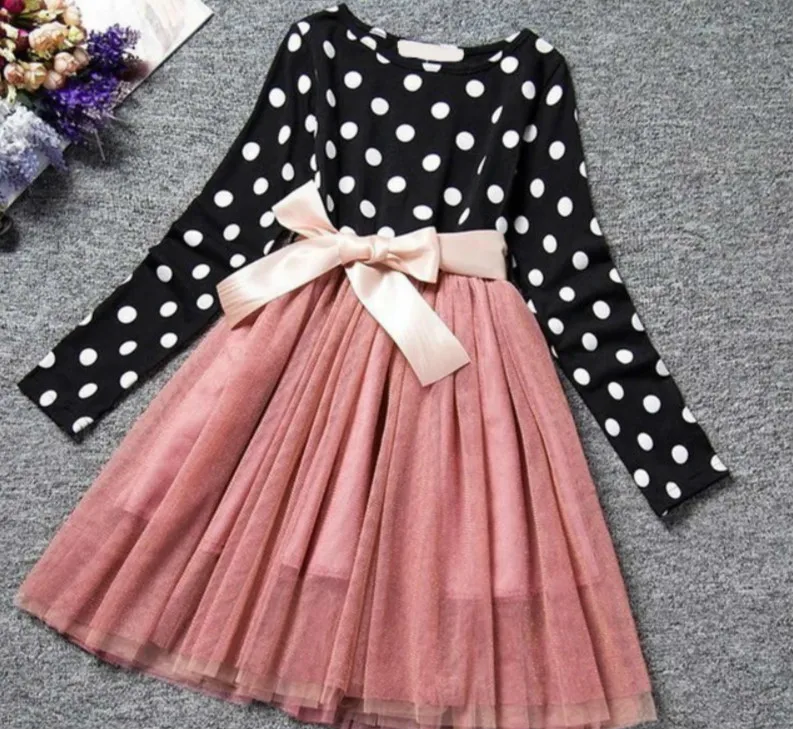 

Girls Dress Children's Clothes Summer Cartoon Dot Printing Long Sleeved Round Necklaces Lace Princess Dress Long Sleeved Dress